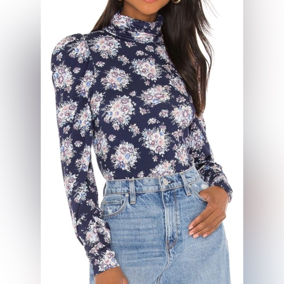 LoveShackFancy Vienna Tee Medium Deep Marine Blue Floral Turtleneck Top - Picture 1 of 9